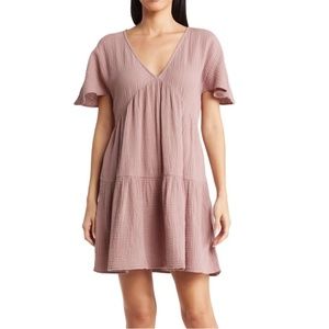 Madewell Lightspun Short Sleeve Popover Tiered Mini Dress Pink Size XXS
